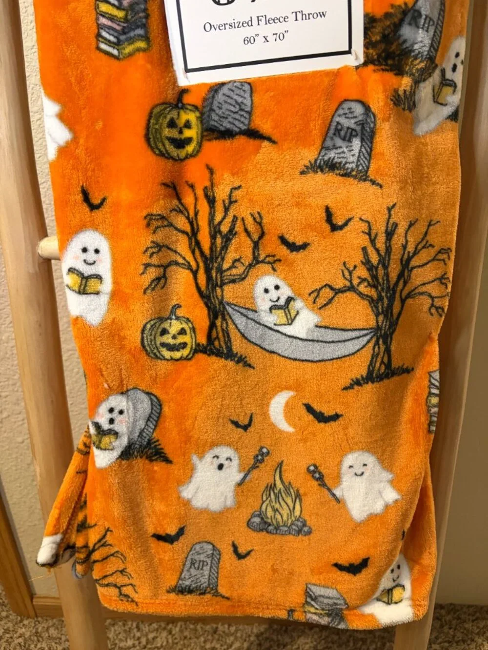 Halloween Ghost Reading Books Campfire Orange Fleece Throw Blanket 60x70 NWT